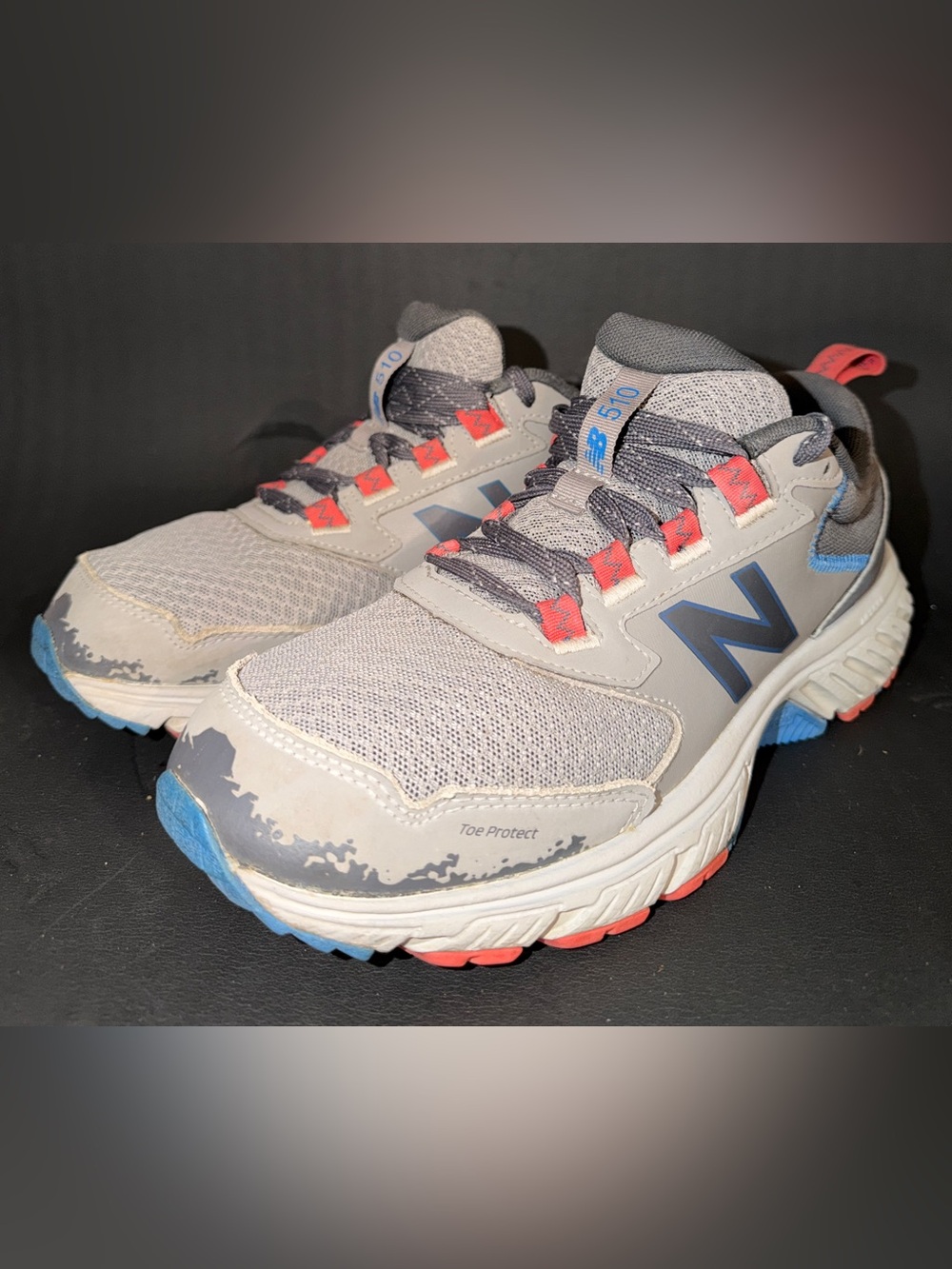 New Balance Mens Gray Sneakers with Blue and Coral Accents